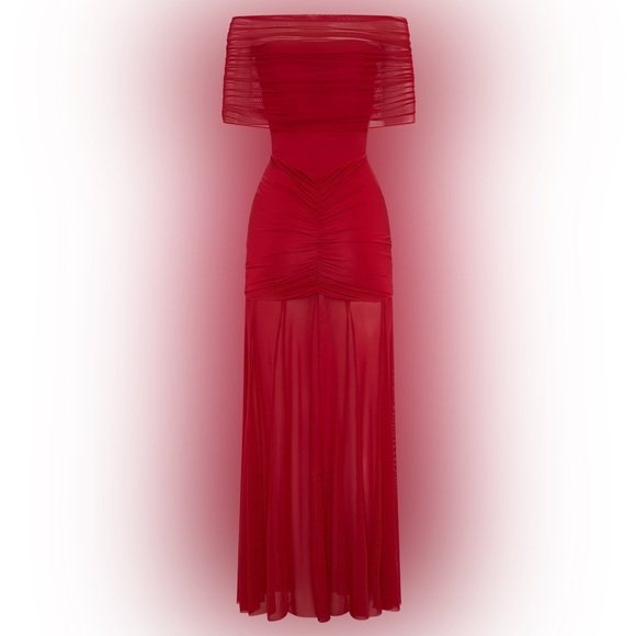 Meshki Caspian Slinky And Mesh Off Shoulder Maxi Dress - Ruby Size M - Picture 7 of 8